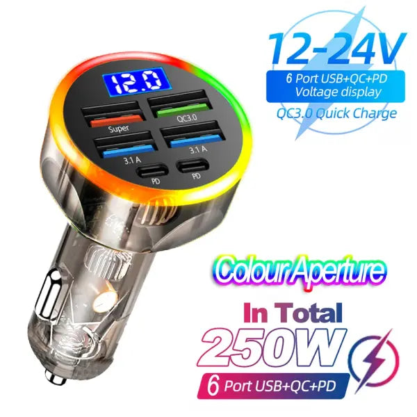 Velev Fast Charge 6-Port Car Charger with Digital Display for Travel - 6-ports Colour
