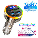 Velev Fast Charge 6-Port Car Charger with Digital Display for Travel - 6-ports Colour