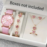 6PCS/Set Fashion Women’s Quartz Watch Leather Band Analog Wrist Watches Heart Rhinestone Jewelry Set(Without Box) - FS