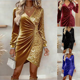 Elegant Sequins Design Long Sleeve Party Dress Women Sexy V Neck Bodycon Dresses For Women Evening Dress Christmas