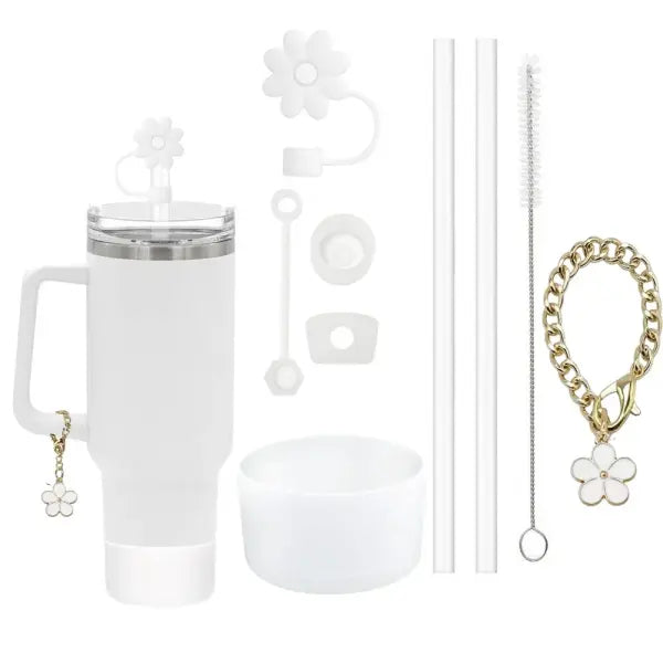 9pcs Accessories Set with Flower Charm Chain and Silicone Straw Cap - white