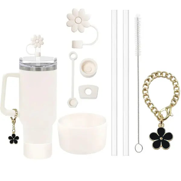 9pcs Accessories Set with Flower Charm Chain and Silicone Straw Cap - cream