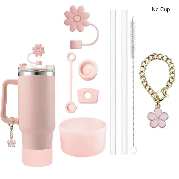 9pcs Accessories Set with Flower Charm Chain and Silicone Straw Cap