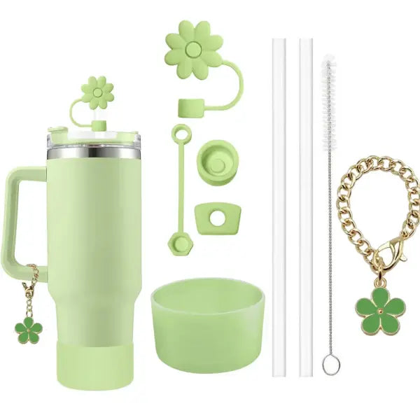 9pcs Accessories Set with Flower Charm Chain and Silicone Straw Cap - green
