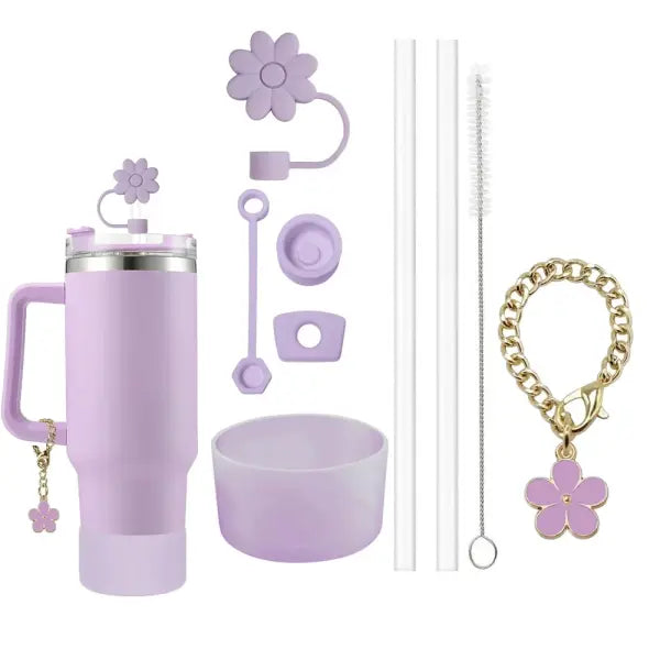 9pcs Accessories Set with Flower Charm Chain and Silicone Straw Cap - purple