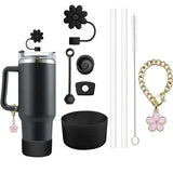 9pcs Accessories Set with Flower Charm Chain and Silicone Straw Cap - black