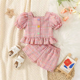 Baby Girl Cotton Plaid Set – Summer Bubble Sleeve Top & Shorts Outfit (0–3 Years) Cute Princess Style