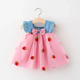 Embroidered Strawberry Summer Girls Princess Dress with Bows - Pink / 11(2-3Y)