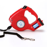 Retractable Dog Leash Equipped With Flashlight And Rubbish Bag Storage - Red
