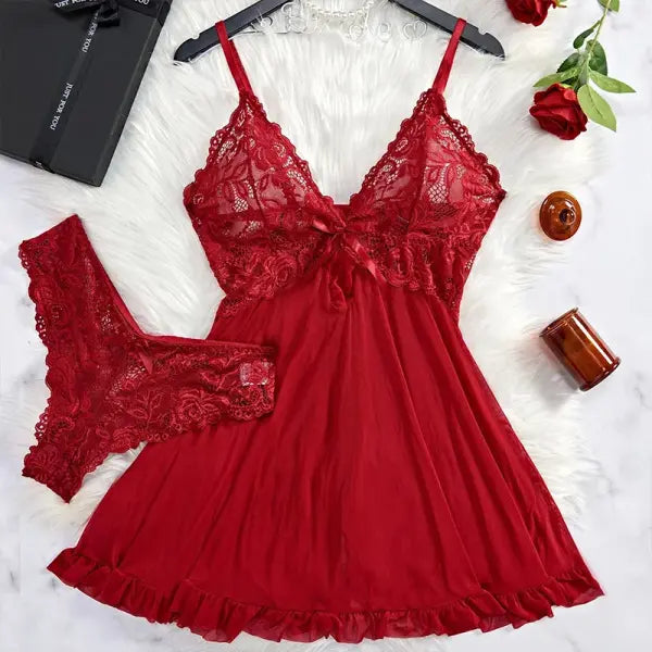 ALLTOOALL Women’s Sleepwear Underwear Transparent Sexy Lace Red Lingerie Pijamas Sets Nightdress And Panty Female