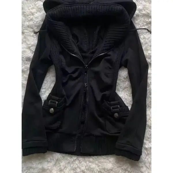 Women’s Harajuku Gothic Zipper Hoodie – Retro Black Winter Jacket