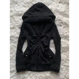 American Harajuku Retro Black Zipper Hoodie Womens Gothic Collar Long Sleeve Folded Hoodie Fashion Hip Hop Winter