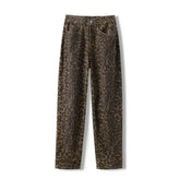 American vintage leopard print jeans female autumn winter new design sense small straight tube overalls casual pants