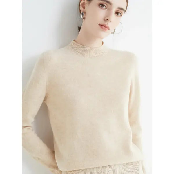 Women’s Mock-Neck Sweater – Soft Basic Knit Autumn Winter Pullover - Beige / One Size