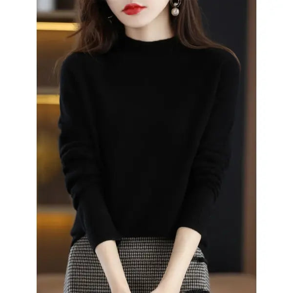 Women’s Mock-Neck Sweater – Soft Basic Knit Autumn Winter Pullover - black / One Size
