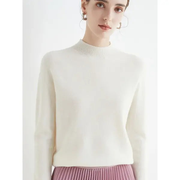 Women’s Mock-Neck Sweater – Soft Basic Knit Autumn Winter Pullover - WHITE / One Size