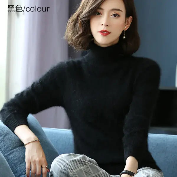 Women’s Thick Mink Cashmere Sweater – Warm High-Lapel Pullover - black / L