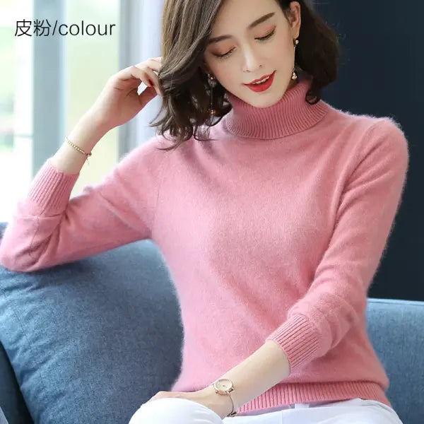 Women’s Thick Mink Cashmere Sweater – Warm High-Lapel Pullover - Pink / L