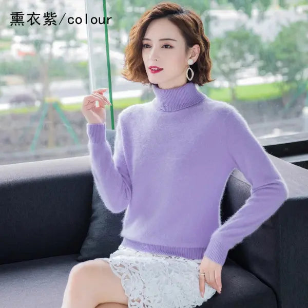 Women’s Thick Mink Cashmere Sweater – Warm High-Lapel Pullover - Light purple / L