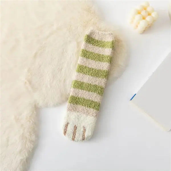 Cute Cat Claw Coral Velvet Socks – Women & Girls Winter Sleep Socks - Striped Green / One Size