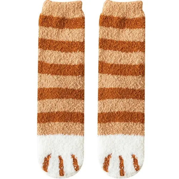 Cute Cat Claw Coral Velvet Socks – Women & Girls Winter Sleep Socks - Striped Khaki / One Size