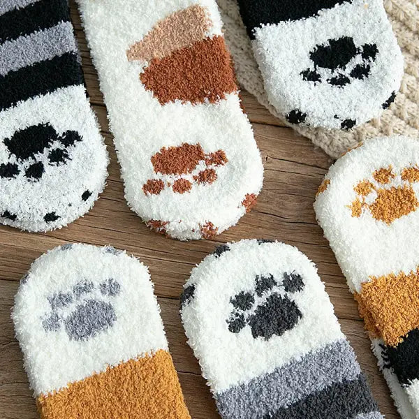 Cute Cat Claw Coral Velvet Socks – Women & Girls Winter Sleep Socks