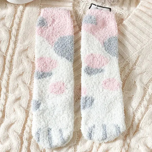 Cute Cat Claw Coral Velvet Socks – Women & Girls Winter Sleep Socks - Polka Pink / One Size