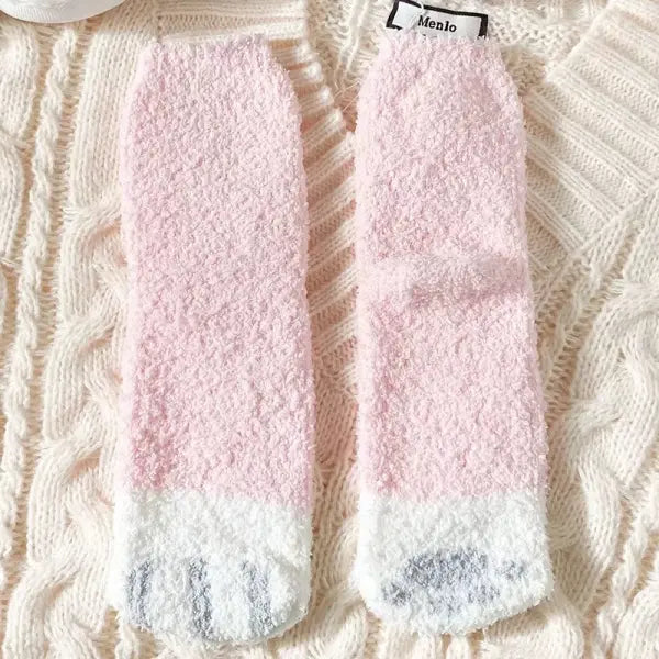 Cute Cat Claw Coral Velvet Socks – Women & Girls Winter Sleep Socks - Pink / One Size