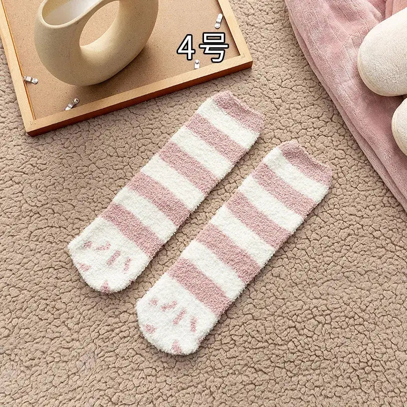 Autumn Winter Coral Velvet Socks Cute Cat Claw Socks For Women Children Girls Middle Tube Thickened Sleep Socks Home