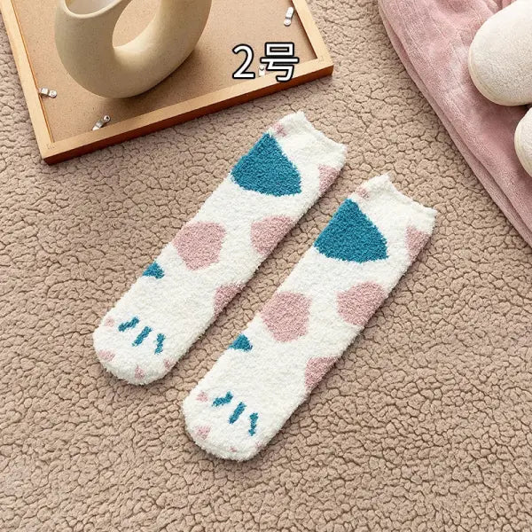 Cute Cat Claw Coral Velvet Socks – Women & Girls Winter Sleep Socks - Coral Fleece 2 / One Size