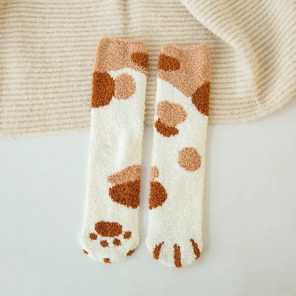 Cute Cat Claw Coral Velvet Socks – Women & Girls Winter Sleep Socks - Polka Dot Khaki / One Size