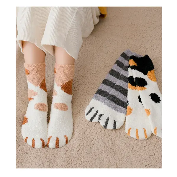 Cute Cat Claw Coral Velvet Socks – Women & Girls Winter Sleep Socks
