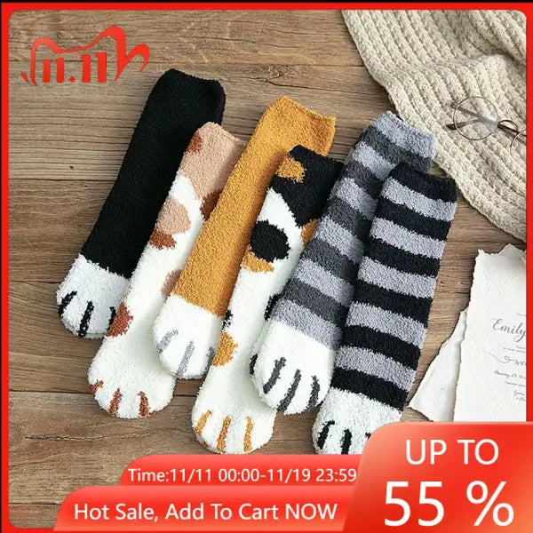 Cute Cat Claw Coral Velvet Socks – Women & Girls Winter Sleep Socks