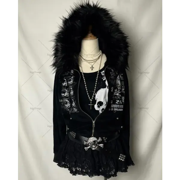 Oversized Fur-Collar Zipper Hoodie – Y2K Harajuku High Street - 1 / S