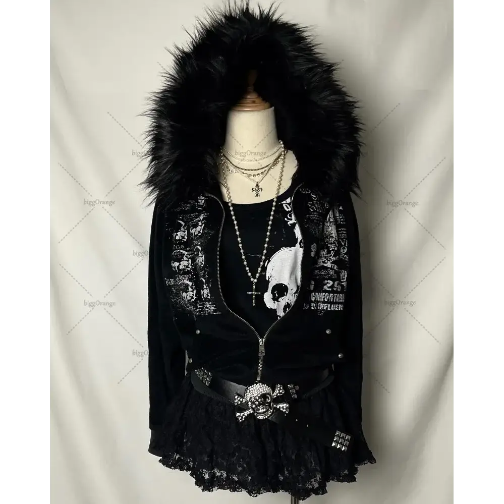 Autumn Winter Harajuku American High Street Fur Collar Zipper Hoodie Men Y2k Goth Punk Hip-hop Rock Oversized
