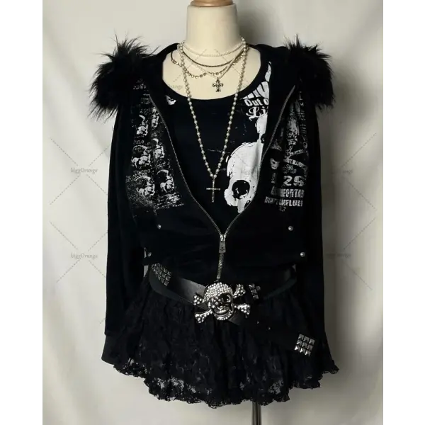 Oversized Fur-Collar Zipper Hoodie – Y2K Harajuku High Street