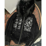 Oversized Fur-Collar Zipper Hoodie – Y2K Harajuku High Street