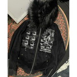 Autumn Winter Harajuku American High Street Fur Collar Zipper Hoodie Men Y2k Goth Punk Hip-hop Rock Oversized