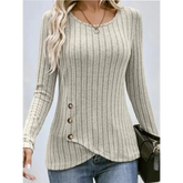 Autumn Winter Long Sleeve Top – Women’s Casual Irregular Solid Color Pullover with Street Style Buttons