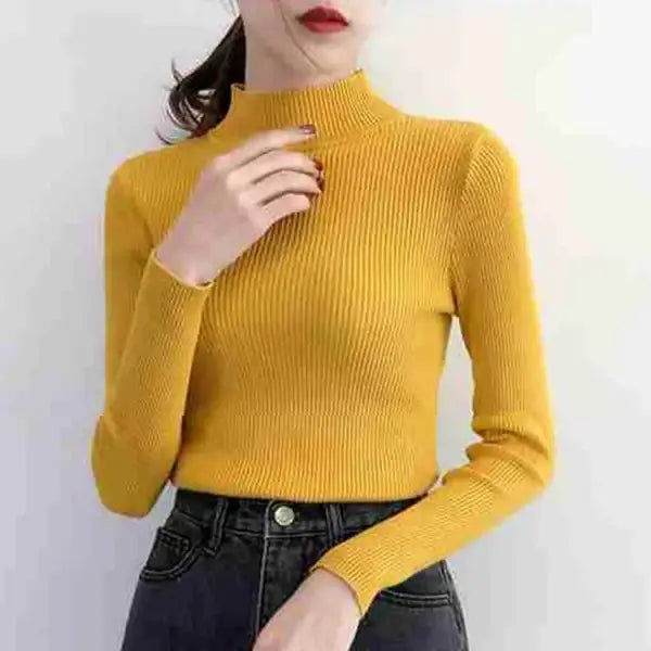 Autumn Winter Mock Neck High Stretch Fit Pullover for Women - Yellow / One Size