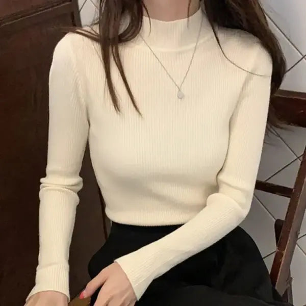 Autumn Winter Mock Neck High Stretch Fit Pullover for Women - Beige / One Size
