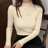 Autumn Winter Mock Neck High Stretch Fit Pullover for Women - Beige / One Size