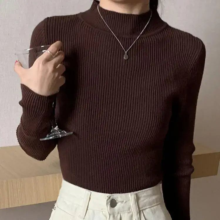 Autumn Winter Mock Neck Women Sweater Vintage Basic Solid Knitted Tops Casual Slim Pullover Korean Sweaters Simple Chic