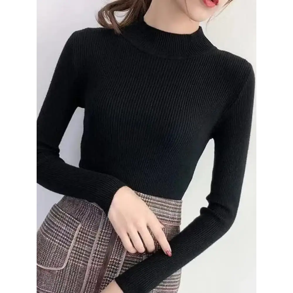 Autumn Winter Mock Neck Women Sweater Vintage Basic Solid Knitted Tops Casual Slim Pullover Korean Sweaters Simple Chic