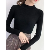 Autumn Winter Mock Neck Women Sweater Vintage Basic Solid Knitted Tops Casual Slim Pullover Korean Sweaters Simple Chic