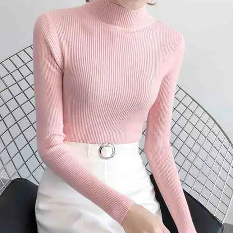 Autumn Winter Mock Neck Women Sweater Vintage Basic Solid Knitted Tops Casual Slim Pullover Korean Sweaters Simple Chic