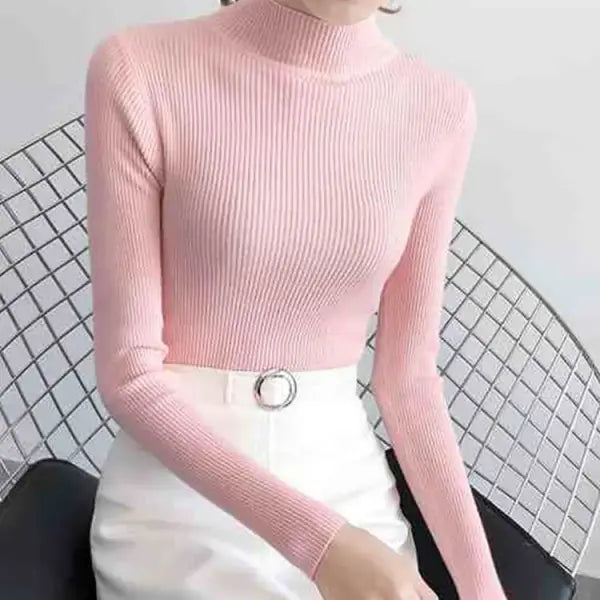 Autumn Winter Mock Neck High Stretch Fit Pullover for Women - Pink / One Size