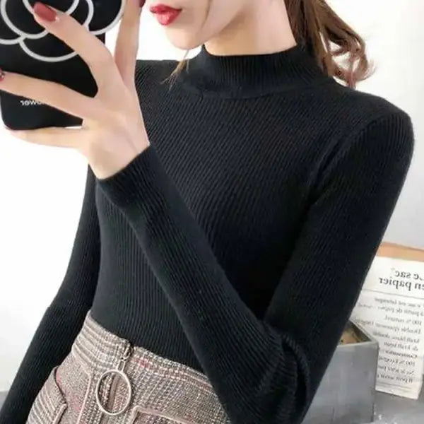 Autumn Winter Mock Neck High Stretch Fit Pullover for Women - black / One Size