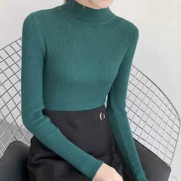 Autumn Winter Mock Neck High Stretch Fit Pullover for Women - green / One Size