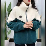 Autumn Winter Stand Collar Zipper Patchwork Thick Regular Coat - green / L
